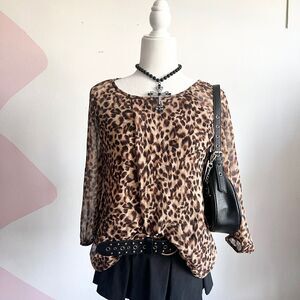 Brown Leopard Blouse Top, Y2K, Retro, Edgy, Glam,‎ Grunge, Vintage, Indie, XS